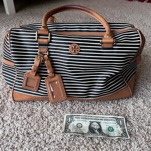 Tory Burch Navy and White Striped Bag.